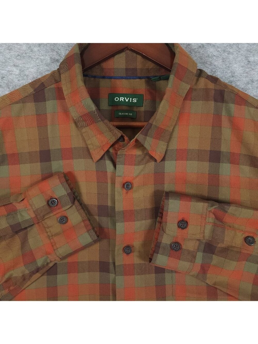 Orvis Classic Fit Shirt Size XXL Orange Plaid Check Twill Wool Blend Fall Autumn
